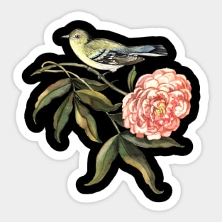 Watercolor Bird And Flower Peony Sticker